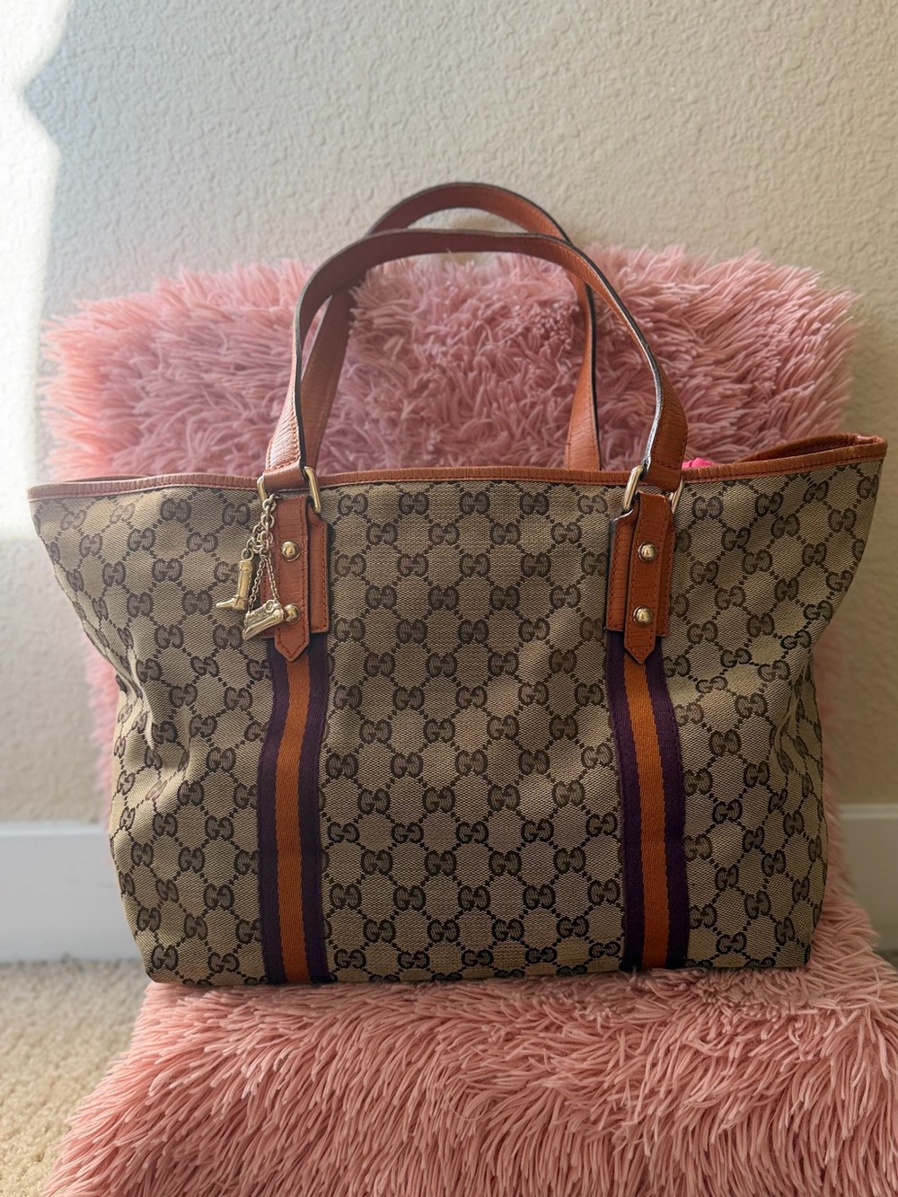 Gucci Beige/Brown GG Canvas Tote with Purple and Orange Stripes